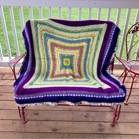 Small Handmade Crocheted Throw Blanket 54” x 52” Purple Green Yellow Pink - Picture 2 of 16